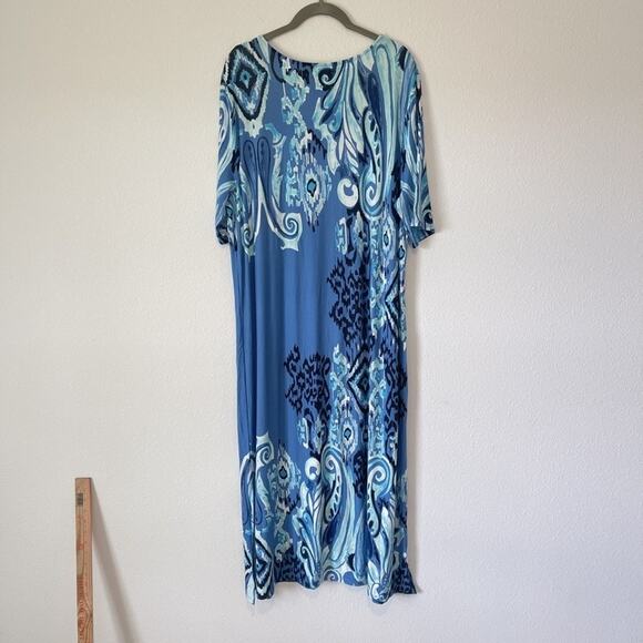 Chicos Dress Womens 3 16/18 Blue Aqua Paisley Ikat Print Stretch Short Sleeve - Picture 7 of 10